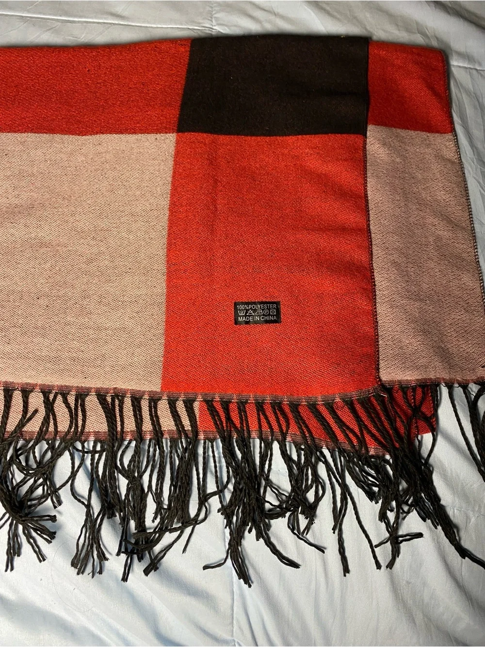 Red Plaid Wool Scarf - Classic Check Design